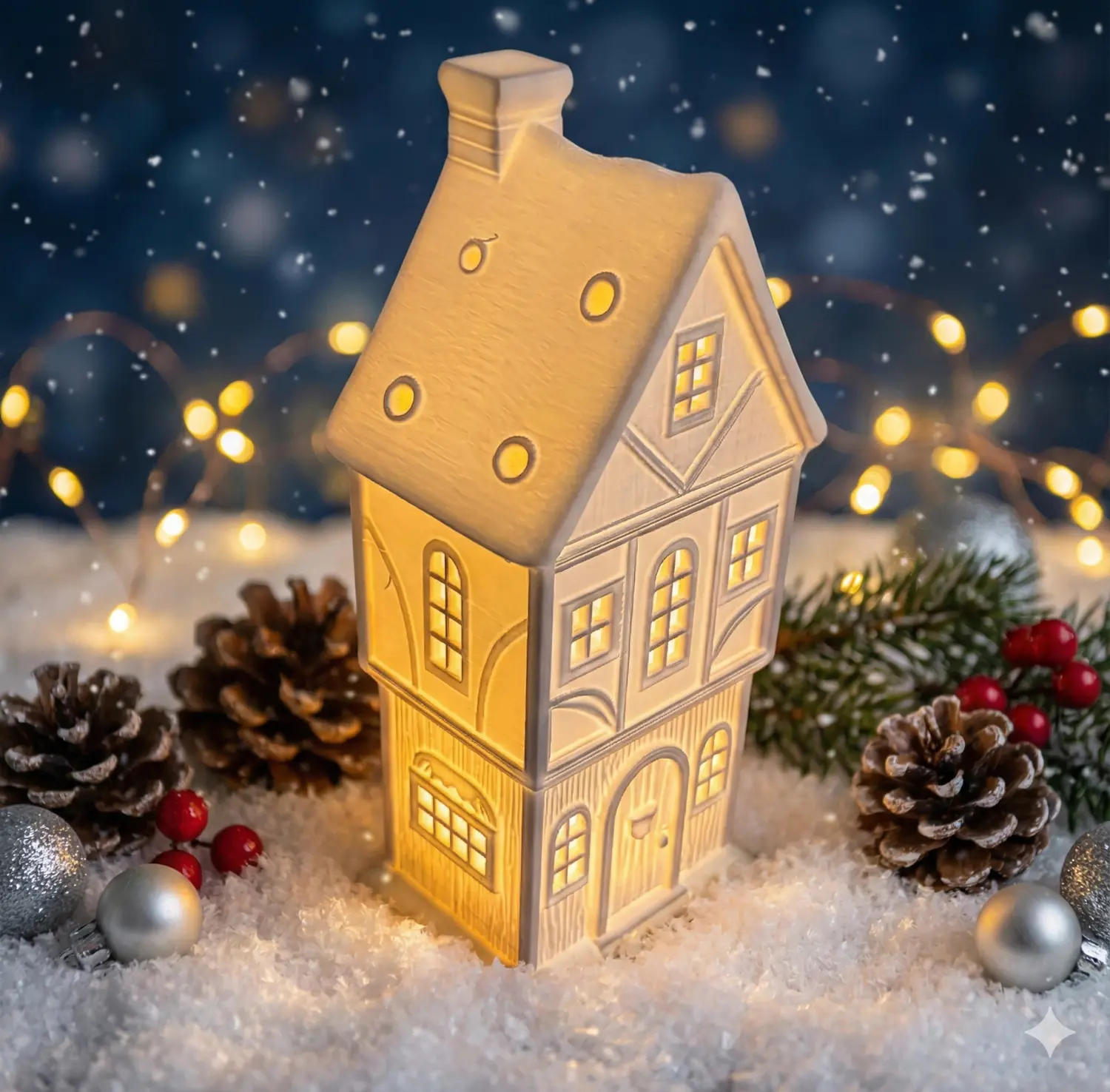 Großes Teelichthaus "Winterzauber" – 3D-Druck Deko für LED-Teelichter 71x60x173mm